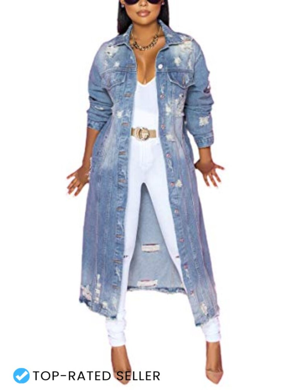 Women's Ripped Holes Maxi Long Denim Jacket Trench Coat